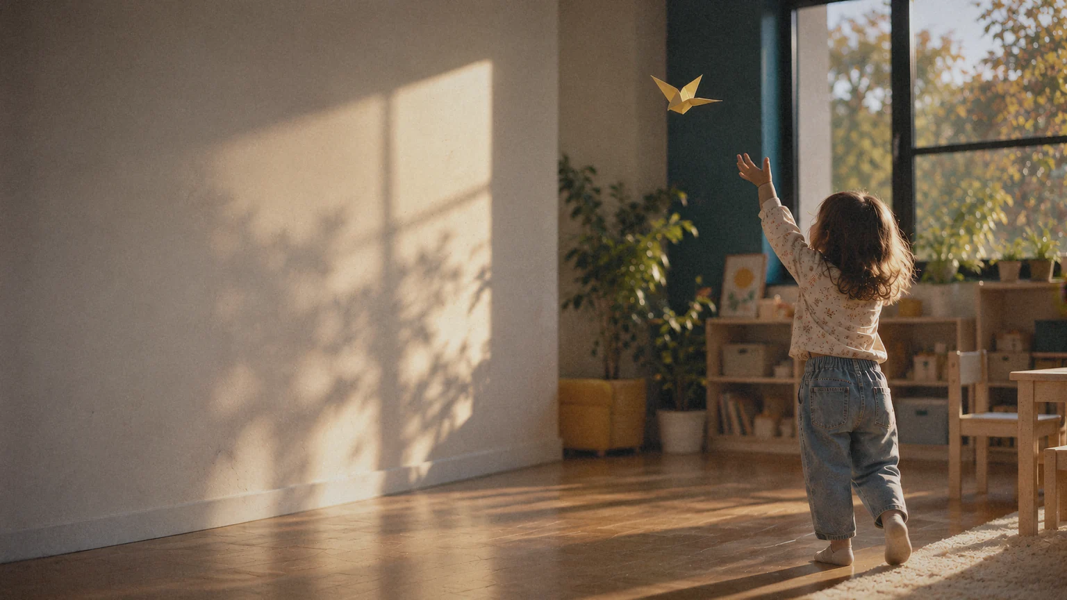 A young child reaches up toward a yellow paper bird in a sunlit classroom