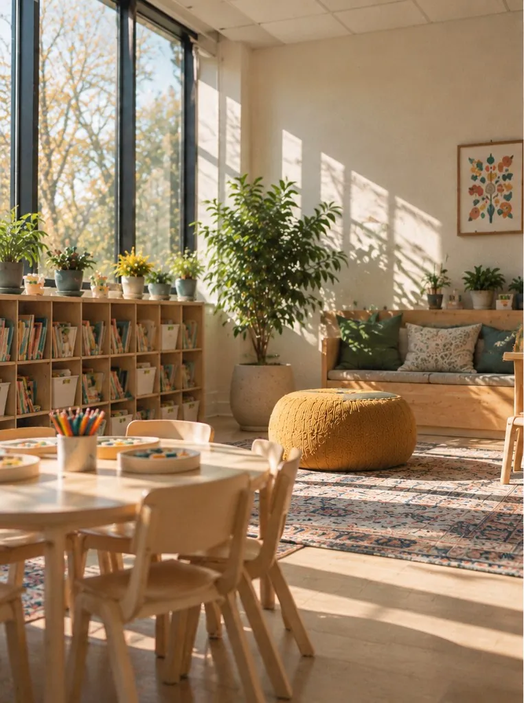 A sunlit classroom with small wooden tables, bookshelves and a mustard pouf